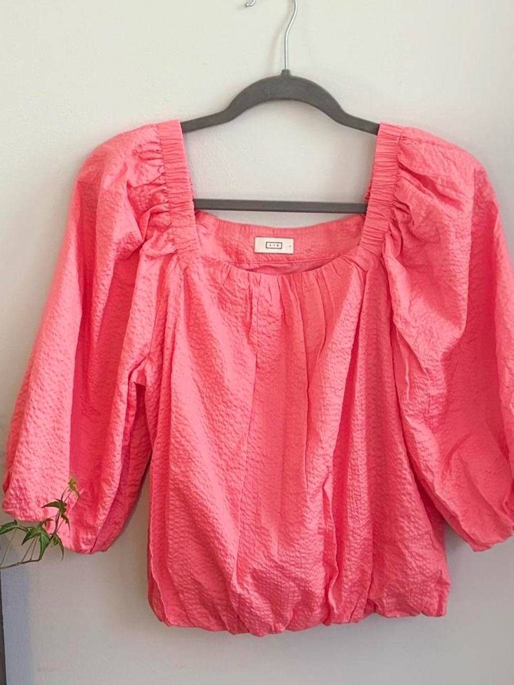 AYR Bright Pink Puff-Sleeve Square Neck Top Blouse L